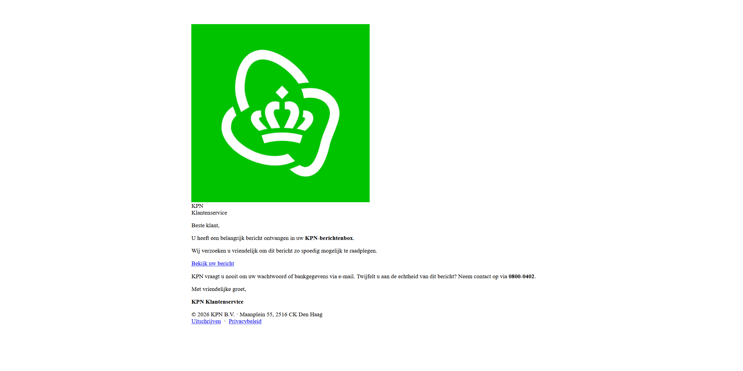 Afbeelding van phishing mail met onderwerp: KPN Klantenservice: Er staat een bericht voor u klaa