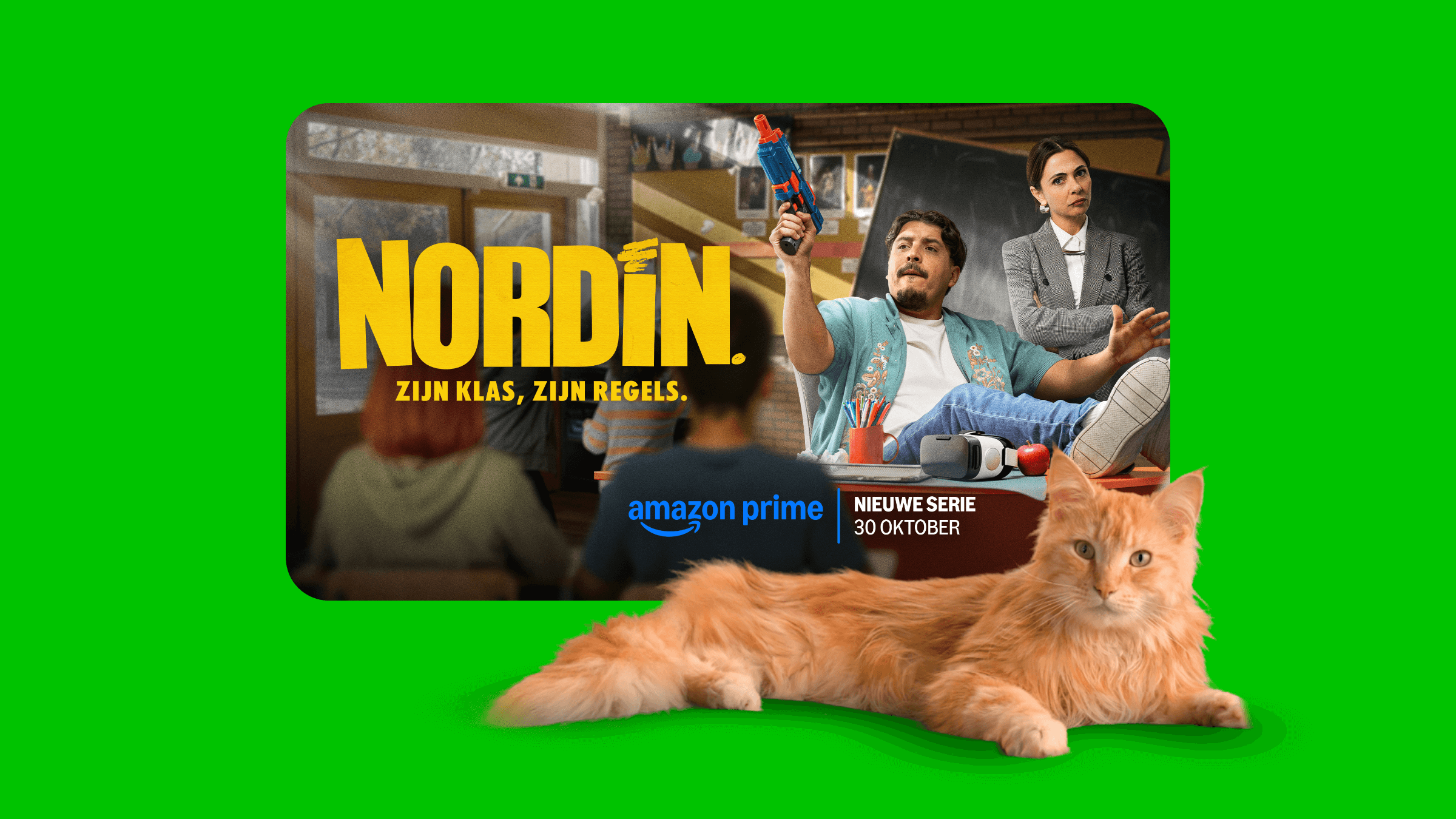 Kat bij het Prime logo en een promo van de serie Nordin. Met de tekst 'Zijn klas, zijn regels'.