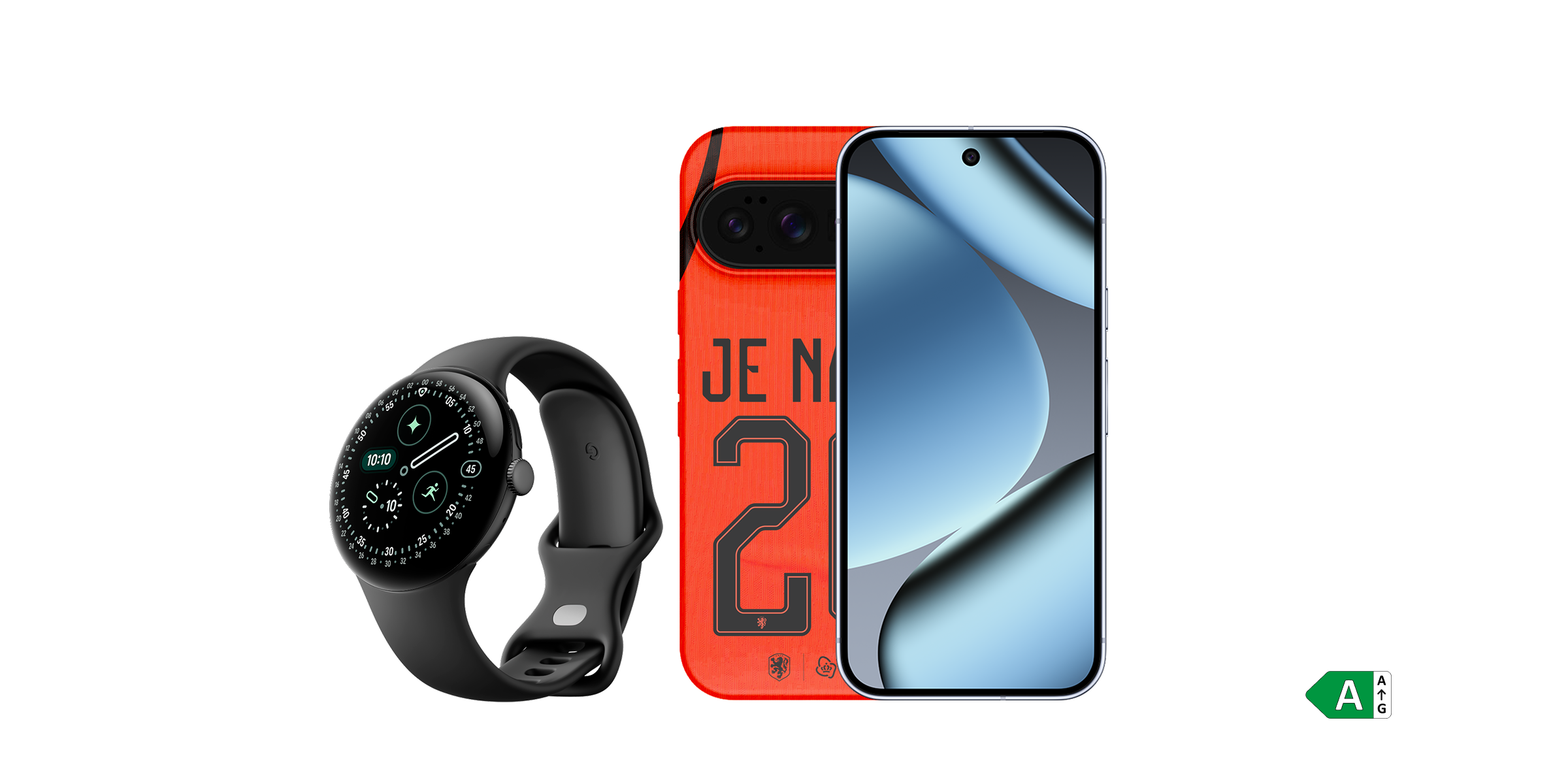 De Google Pixel 10 Pro samen met de Pixel Watch 4 en powerbank