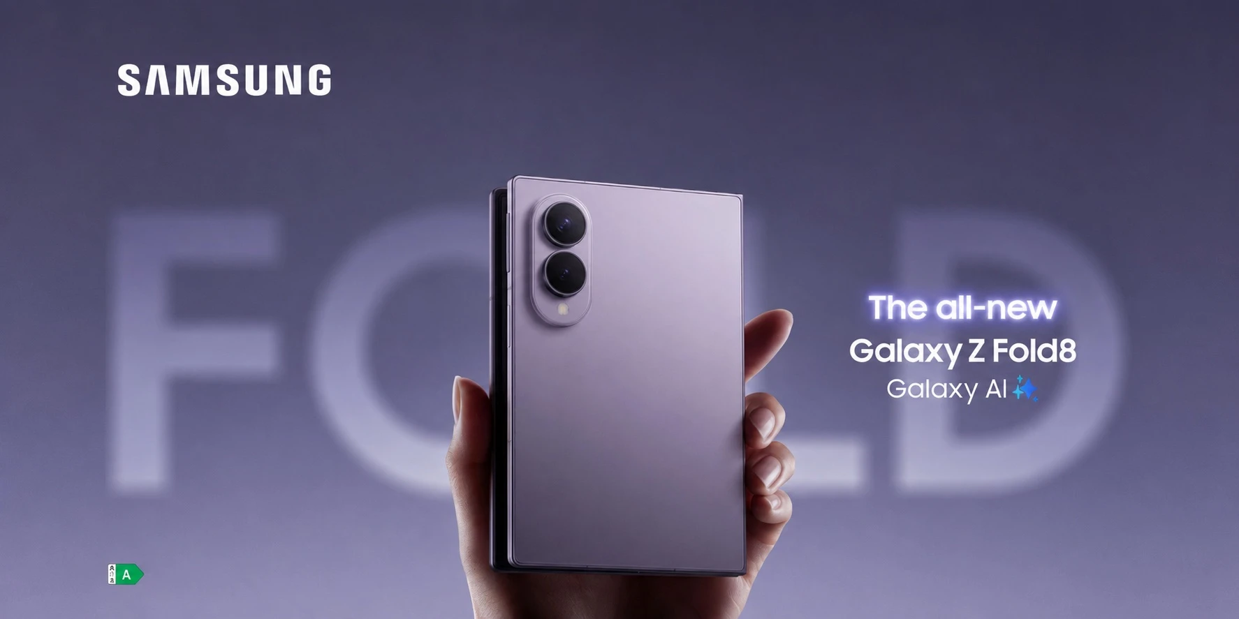 De nieuwe Samsung Galaxy Z Fold8 telefoon in een lichtpaarse kleur