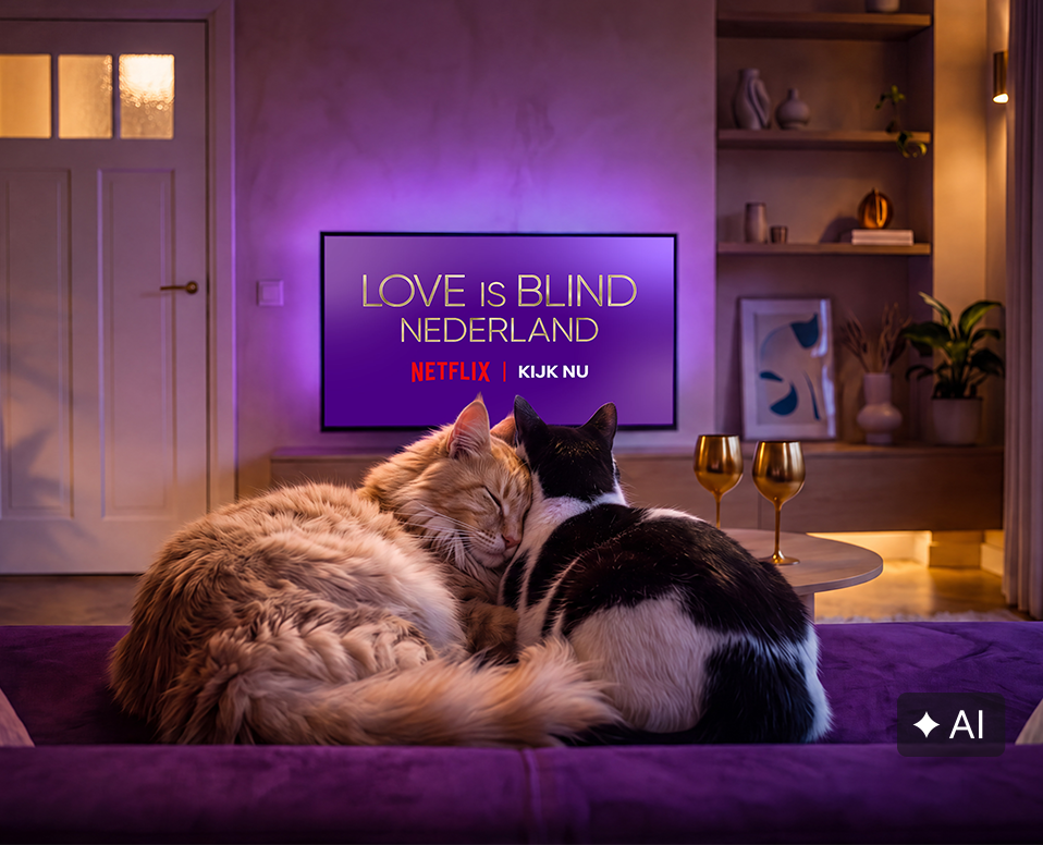 Louis de kat en een andere kat knuffelend op de bank, kijkend naar Love is Blind op Netflix