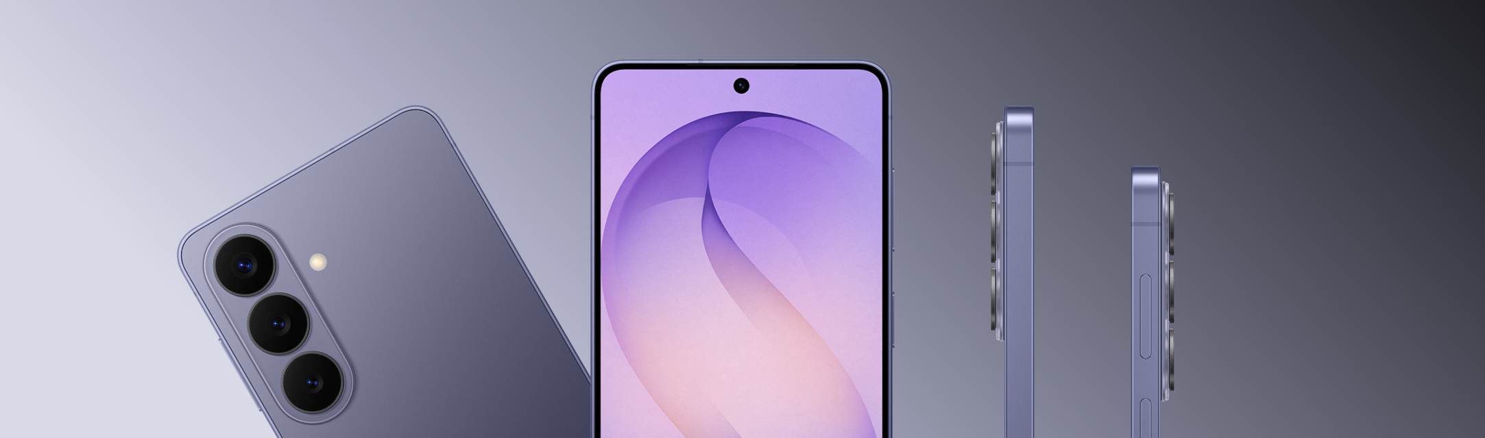 De achterkant, zijkant en voorkant van de donkerpaarse Galaxy S26