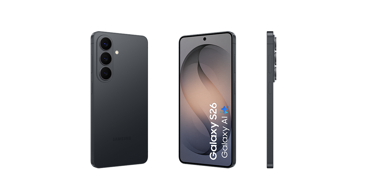 Achterkant, voorkant en zijkant van de zwarte Samsung Galaxy S26 met Galaxy AI