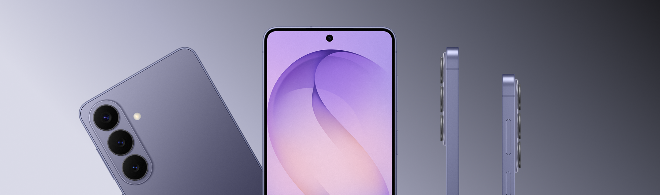 De achterkant, zijkant en voorkant van de donkerpaarse Galaxy S26 Plus