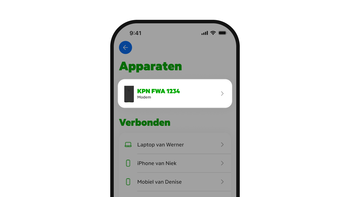 MijnKPN app op apparaten pagina met een lijst met alle KPN apparaten bovenin