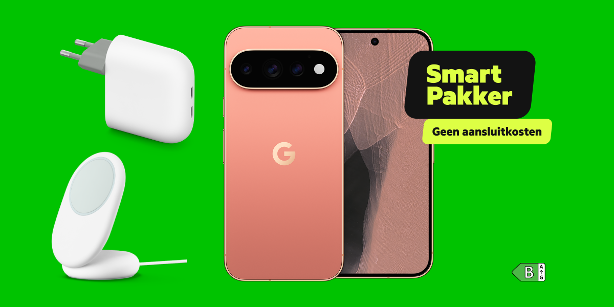 De Google Pixel 11 Pro in het oranje met twee Google Pixel accessoires op een groene achtergrond met een smartpakkerlabel en energielabel B