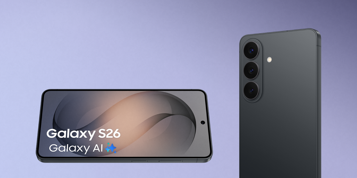 De voorkant en de achterkant van de zwarte Galaxy S26