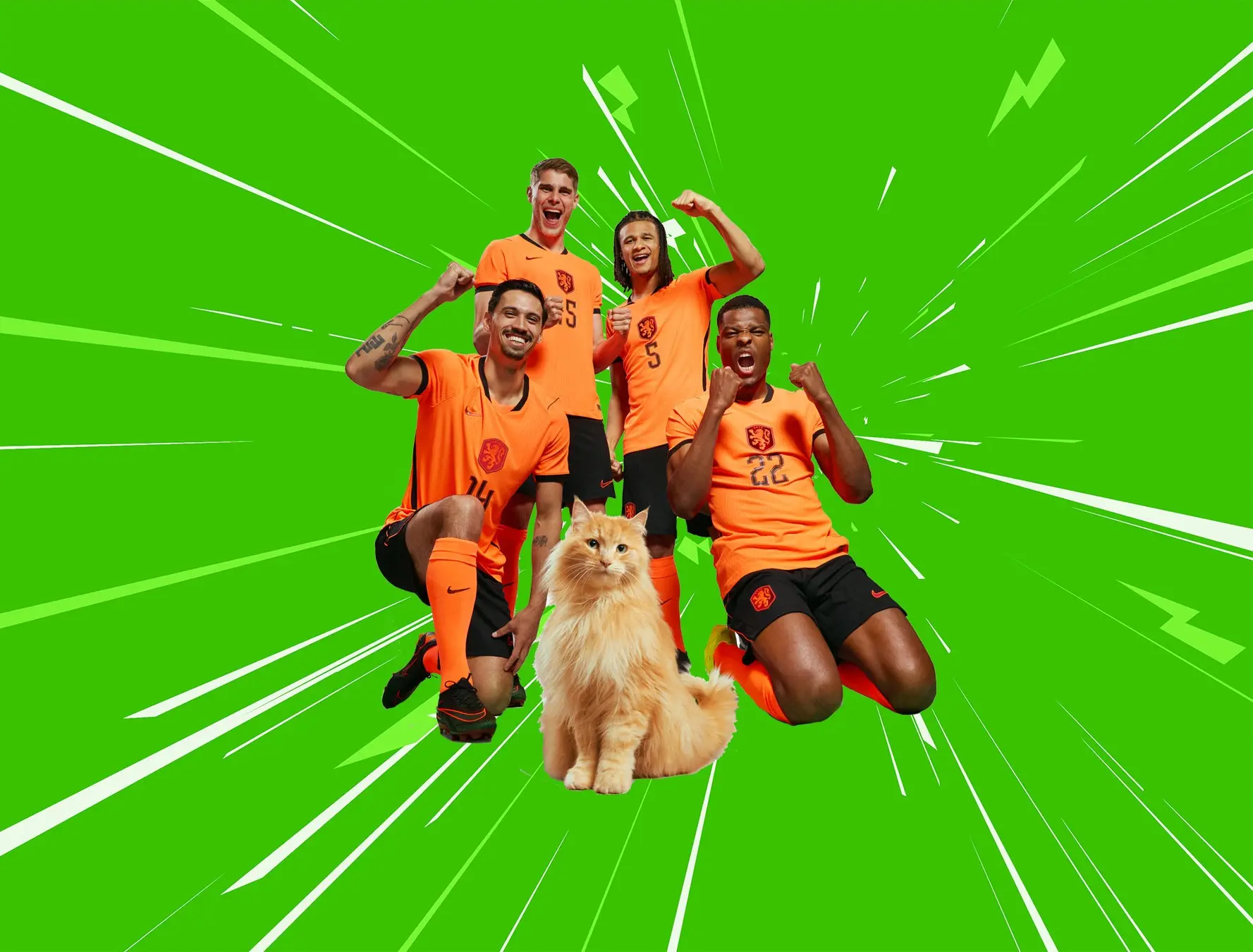 4 spelers van het Nederlands elftal met Louis de Kat en de tekst: beleef het WK echt met Superfiber