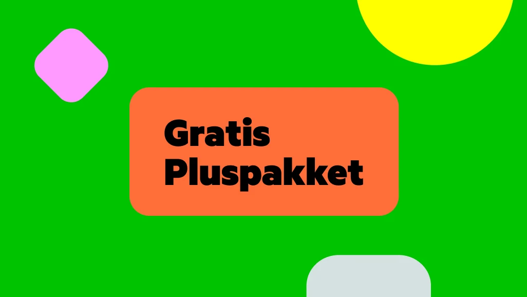 De tekst 'Gratis Pluspakket' afgebeeld in een rood vierkant op een groene achtergrond met anders gekleurde vormen