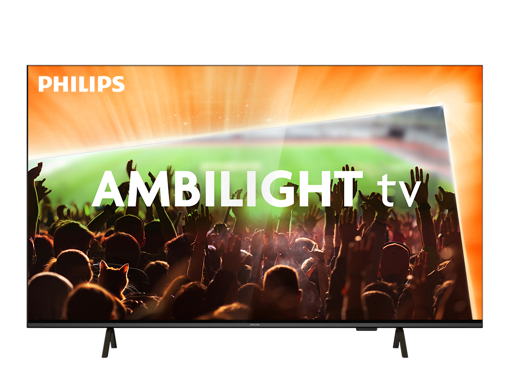 Philips 55-inch Amiblight tv met een oranje scherm vol voetbal supporters