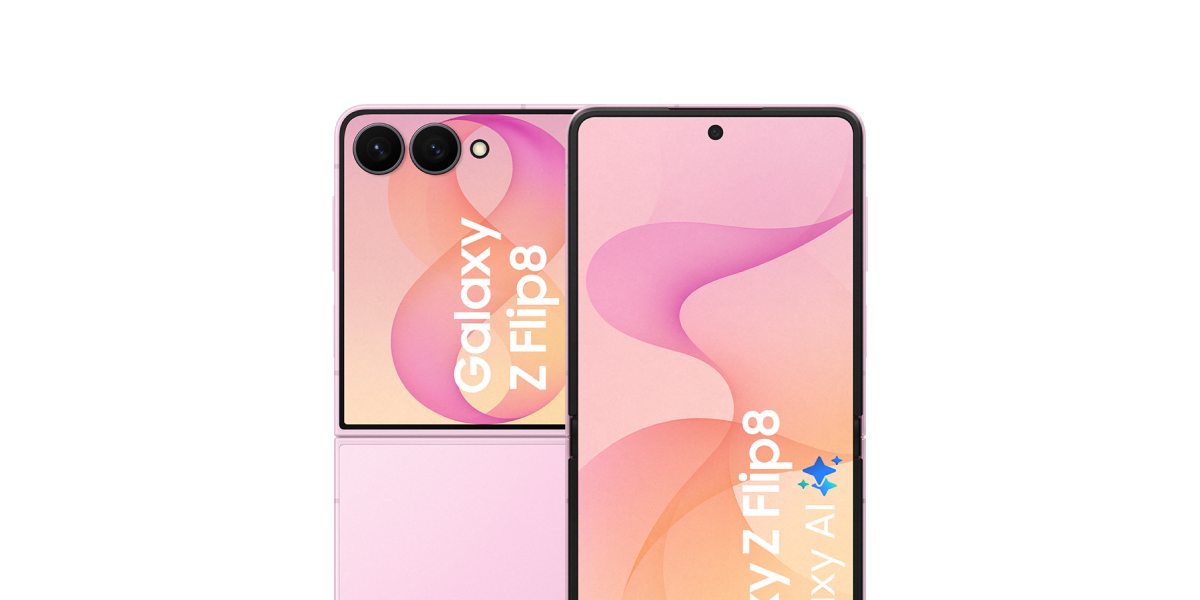 Achterkant en voorkant van de roze Samsung Galaxy Z Flip8