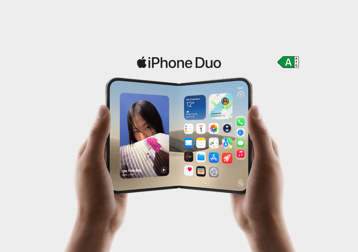 De voorkant van de iPhone Duo in iemands hand en de iPhone Duo opengeklapt met energielabel A
