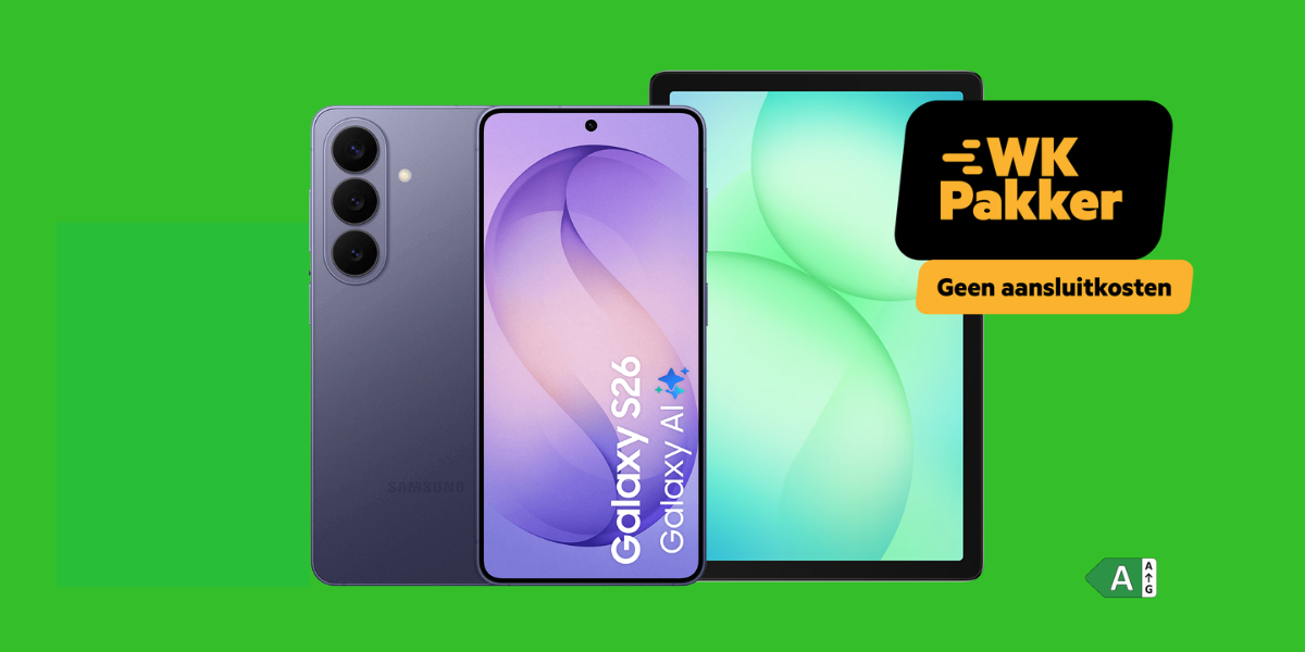 De Samsung Galaxy S26 met de Galaxy Tab A11+ en een WK Pakker label op een groene achtergrond
