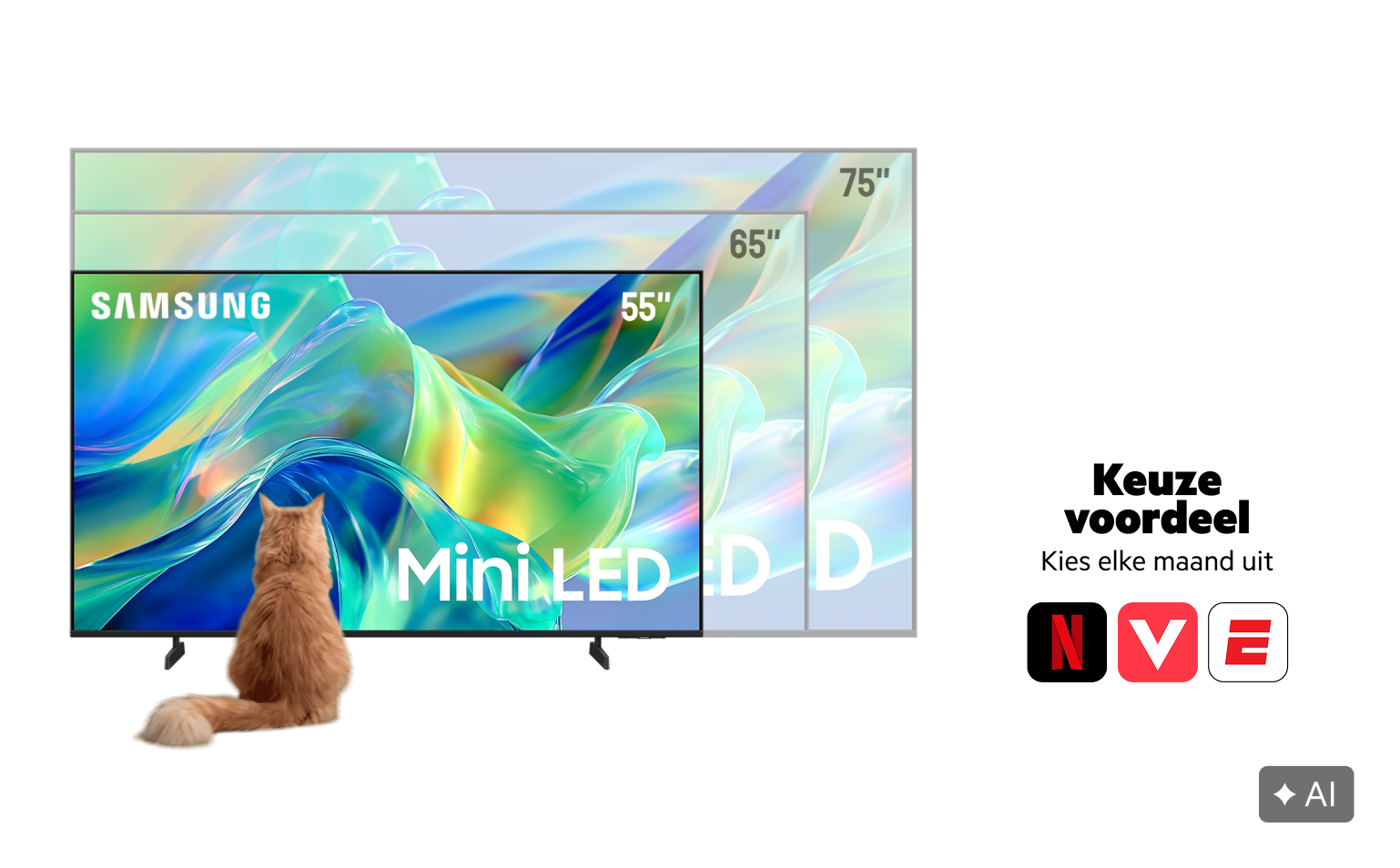 Samsung Mini LED 55-inch, 65-inch en 75-inch tv met Louis de kat die naar het scherm kijkt. Keuze voordeel sticker met tekst "Kies elke maand uit" en dan de logo's van Netflix, Videoland en ESPN Compleet.