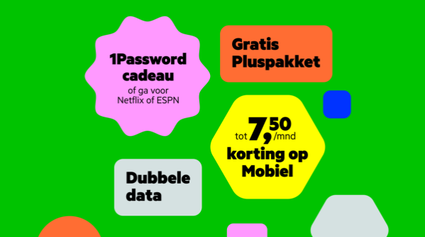 Blokken met Combivoordeel: '1Password cadeau, of ga voor Netflix of ESPN', 'Dubbele data', 'Gratis Pluspakket', 'tot 7,50 euro per maand korting op Mobiel'.