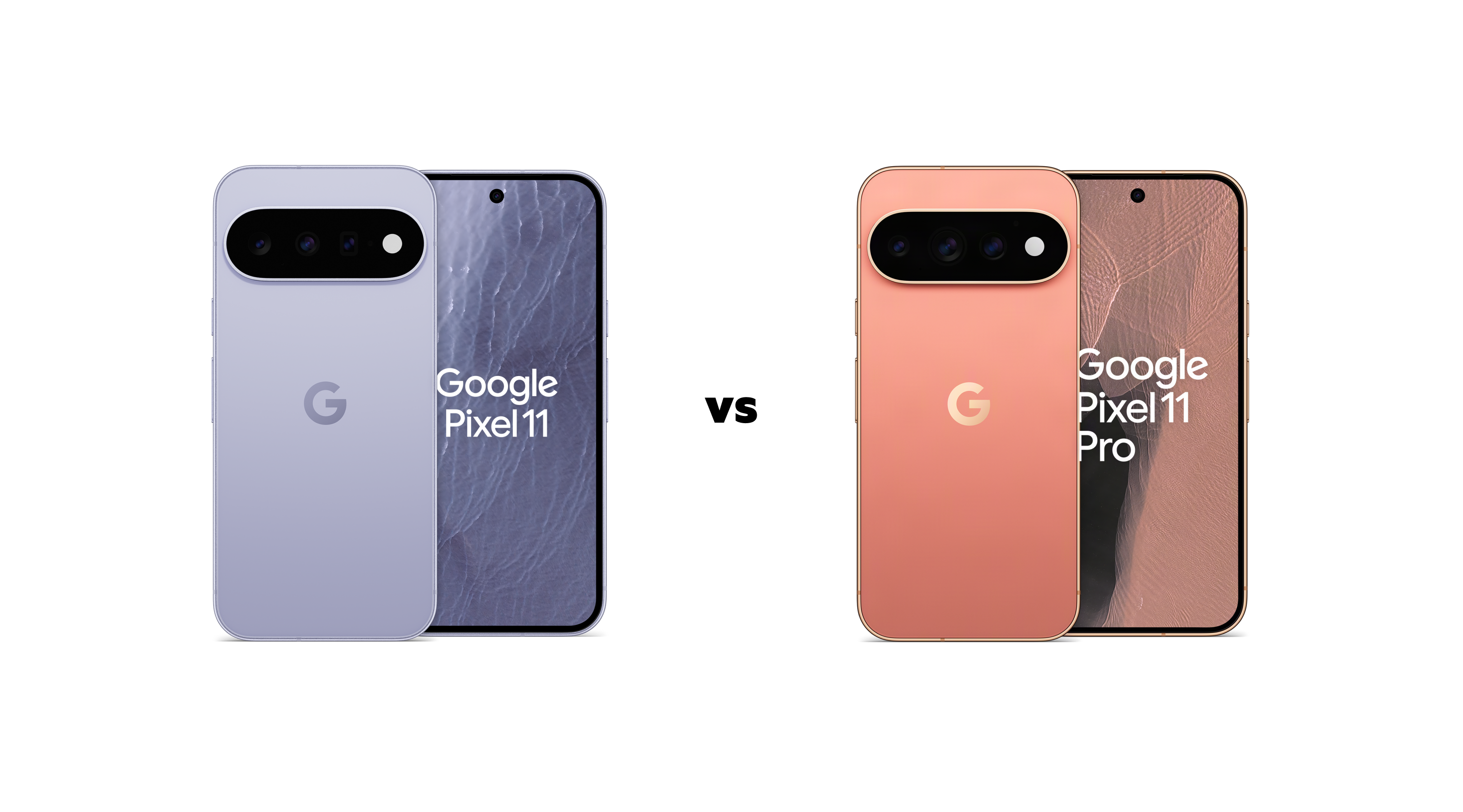 De voor en achterkant van de lichtblauwe Google Pixel 11 naast de voor en achterkant van de oranje Google Pixel 11 Pro