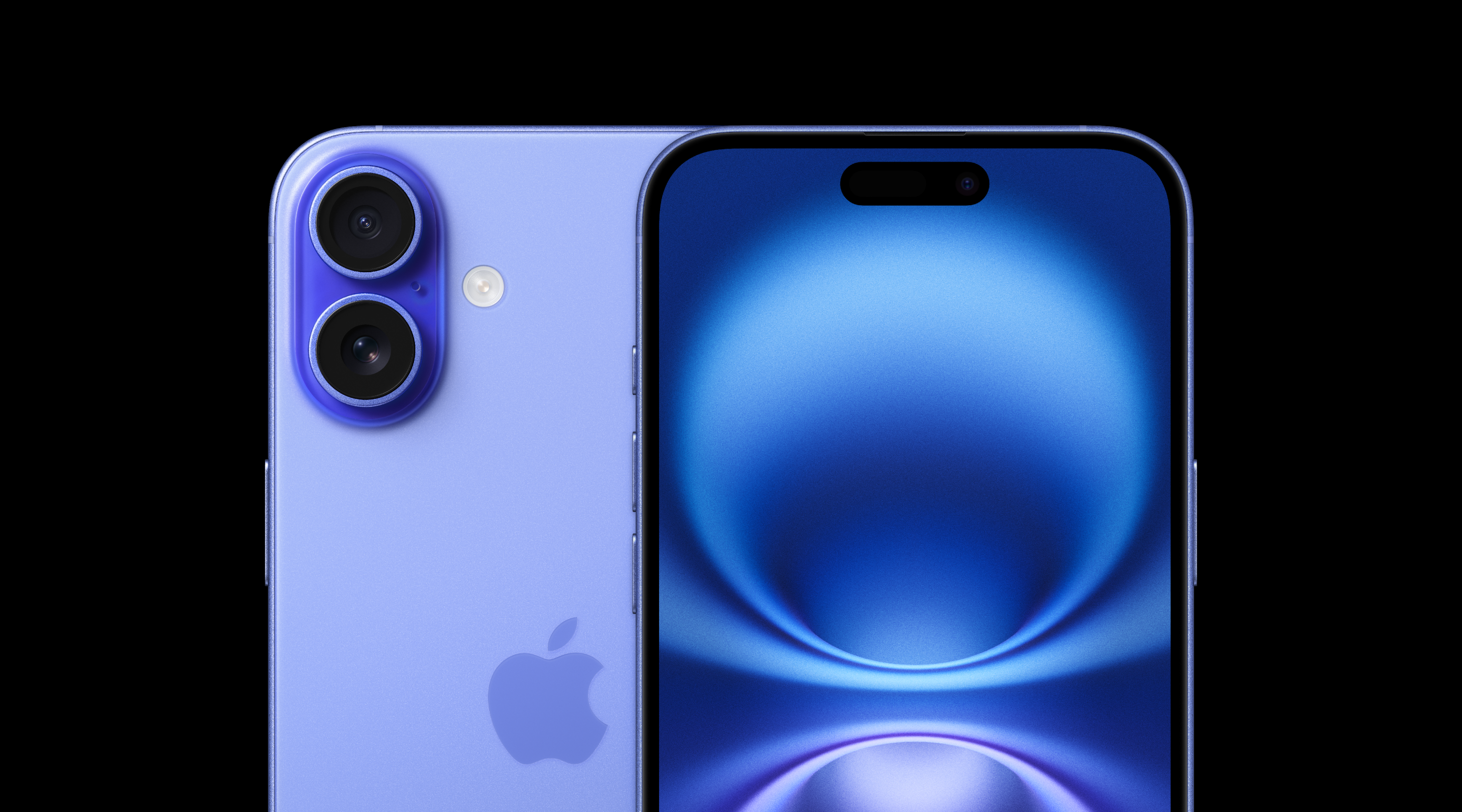 Een blauwe iPhone 16 met op het beeldscherm een datum en tijd