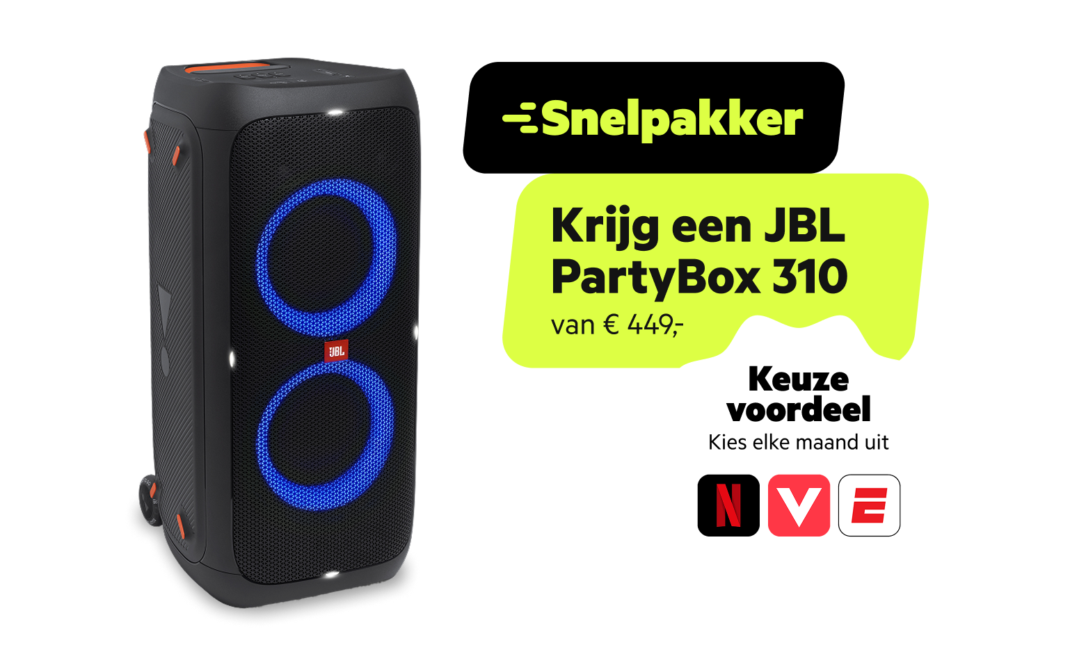 JBL Partybox 310 Black. Combineer Internet en TV met Mobiel en krijg Netflix of ESPN Compleet cadeau