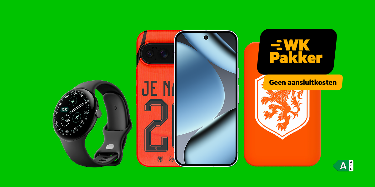 De Pixel 10 Pro met Pixel Watch 4, persoonlijk WK hoesje, powerbank, de tekst "WK Pakker: Geen aansluitkosten" en energielabel A