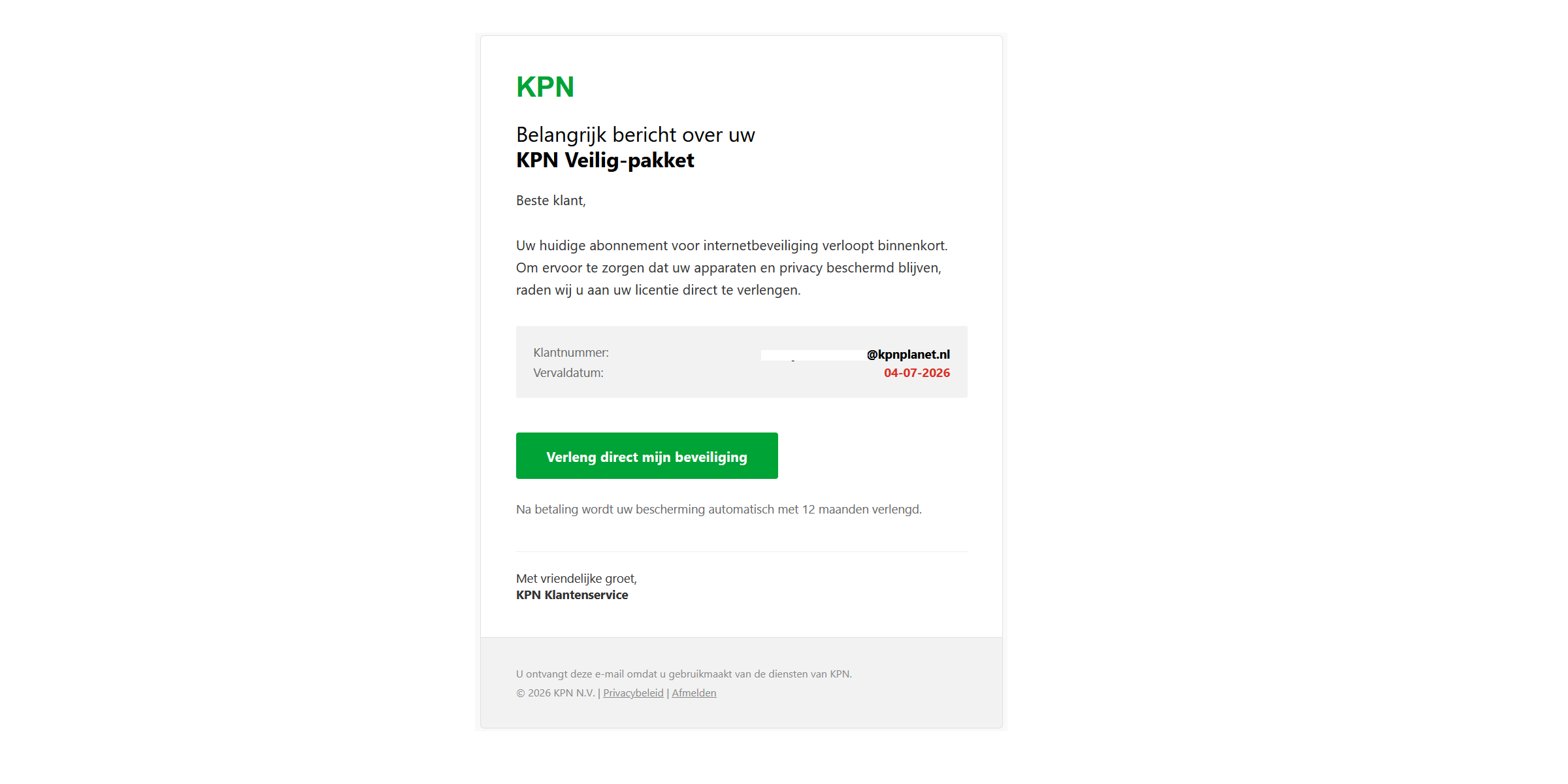 Afbeelding van phishing mail met onderwerp: Servicebericht: Status van uw KPN Veilig-licentie