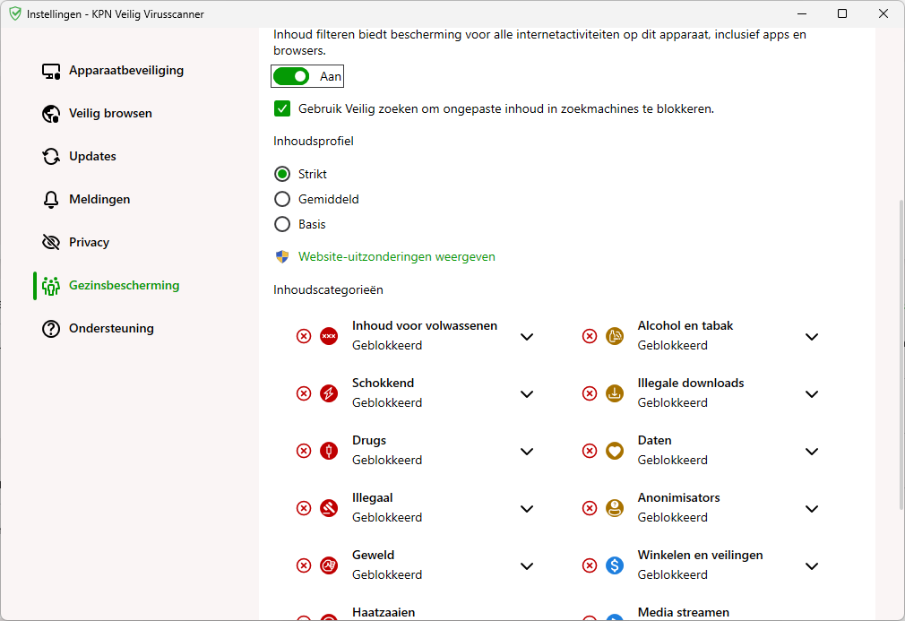 Overzicht van de filters die je kan instellen voor de F-Secure gezinsbescherming op pc