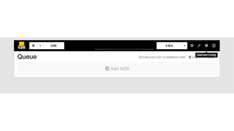 Scherm van de newsreader 'SABnzbd' met rechts bovenin het settings tandwiel.