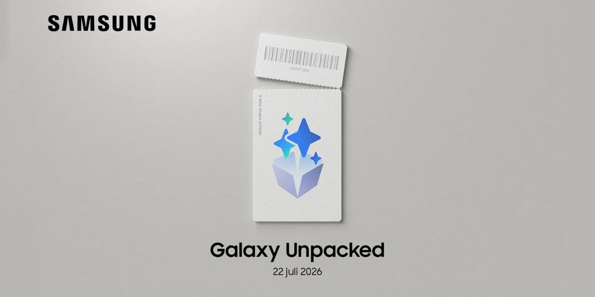 Samsung Galaxy unpacked label met een beige achtergrond