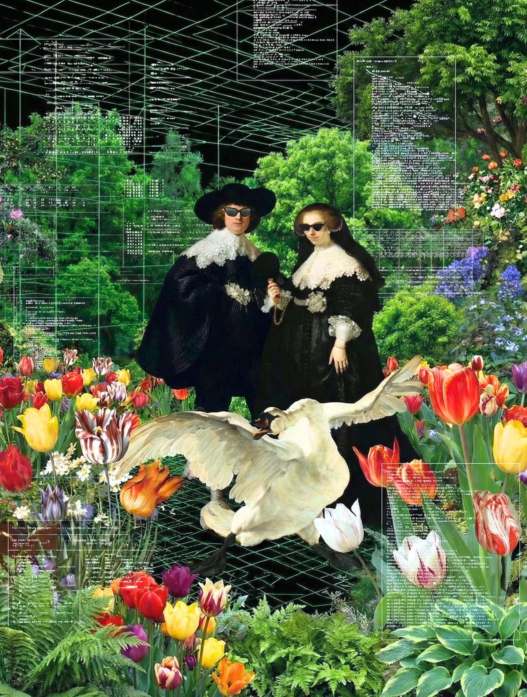 Maerten Soolmans, Oopjen Coppit, bloemen uit stillevens en de bedrijgde zwaan verwerkt met Google Gemini in een kunstwerk door Lottevont