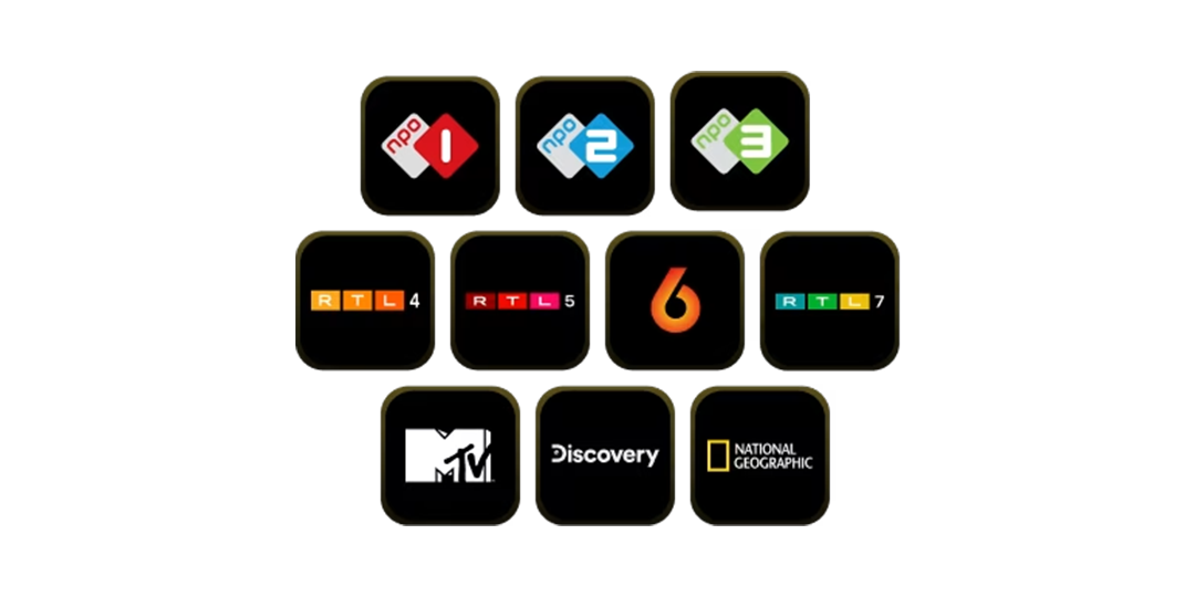 Overzicht logo's van populaire tv-zenders: NPO1, NPO2, NPO3, RTL4, RTL5, SBS6, RTL7, MTV, Discovery en National Geographic
