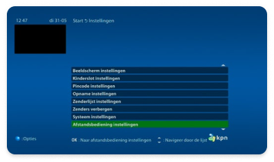Het scherm op een KPN tv nadat je de optie 'instellingen' in het menu hebt geselecteerd. Op dit scherm staan verschillende soorten instellingen die je kan kiezen om aan te passen.