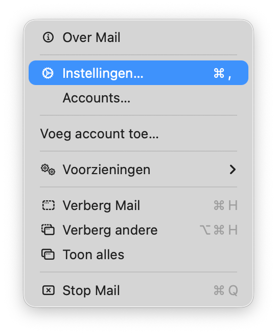 Instellingen in menu van Apple mail