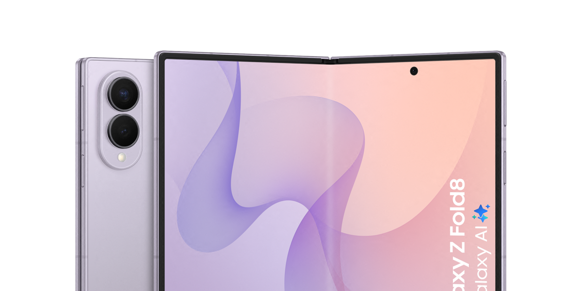 Achterkant en voorkant van de paarse Samsung Galaxy Z Fold8