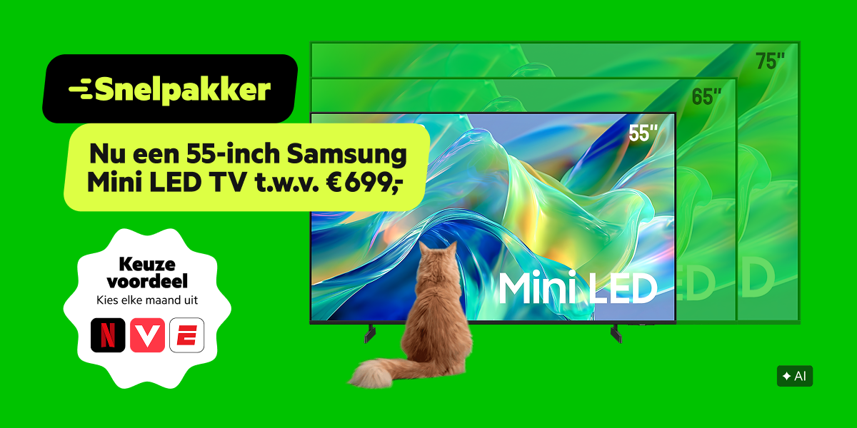 Snelpakker Samsung 55-inch Mini LED tv bij een nieuw 2-jarig KPN Internet abonnement cadeau.