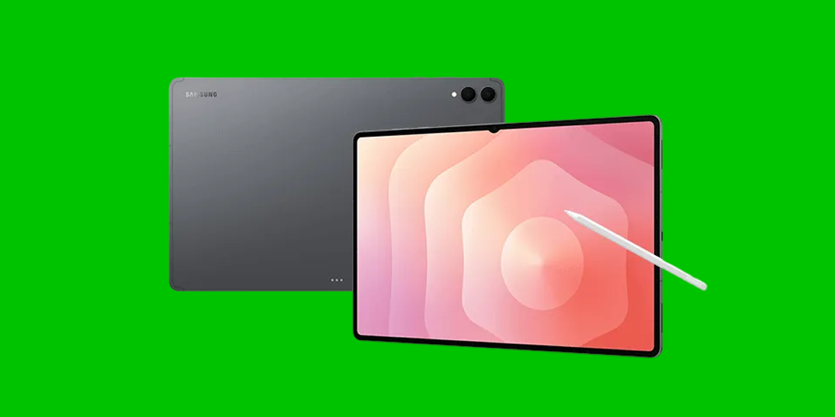 Tablet voorkant en achterkant op groene achtergrond