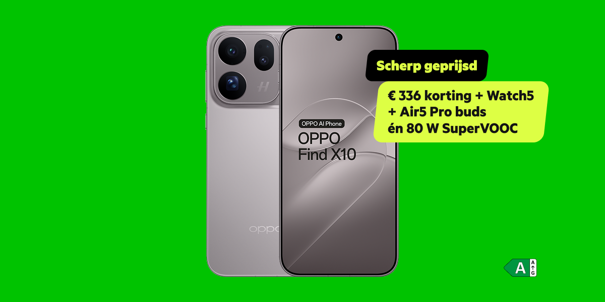 De OPPO Find X10 met een aanbieding label op een groene achtergrond