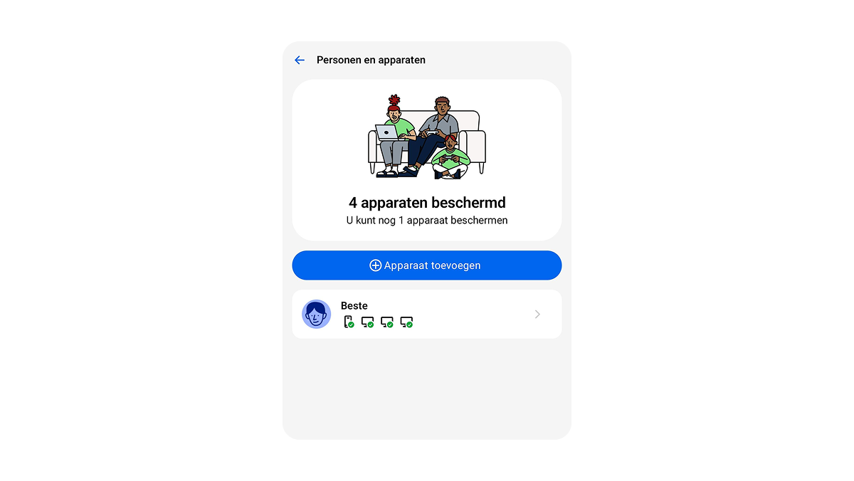 Overzicht van alle beschermde apparaten in de F-Secure app en de mogelijkheid om apparaten toe te voegen