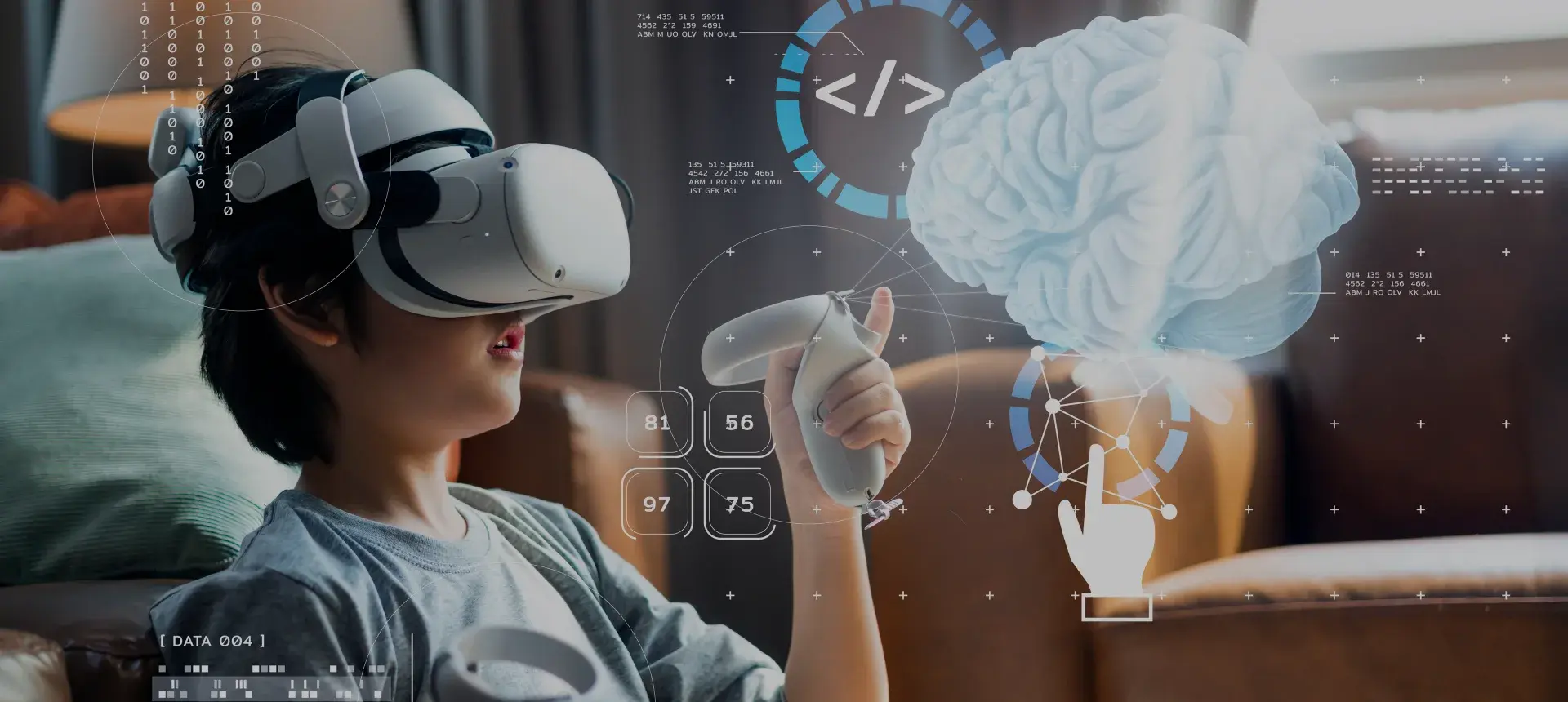 Jongen in stoel met VR-bril op en joystick