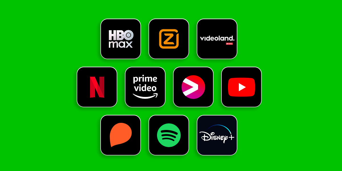 Tiles met logo's van verschillende Entertainment diensten zoals Netflix, Prime Video, Spotify en YouTube.