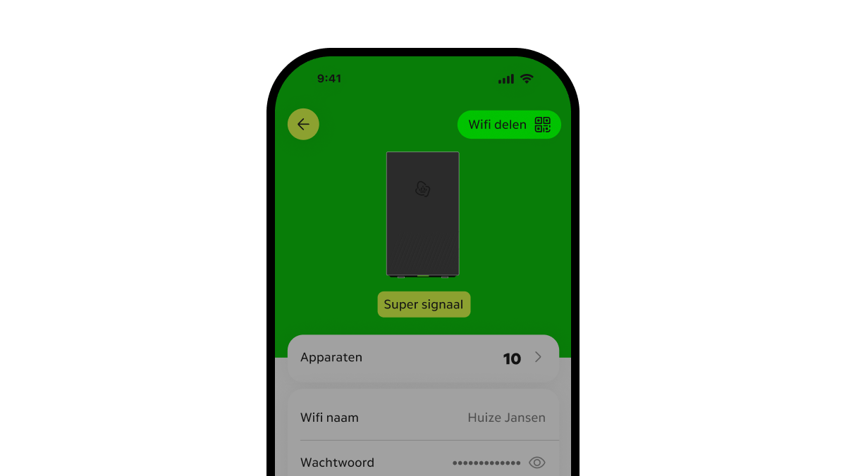 De MijnKPN app met de blauwe knop Wifi delen uitgelicht rechts bovenin het scherm mt het icoon van een QR code ernaast