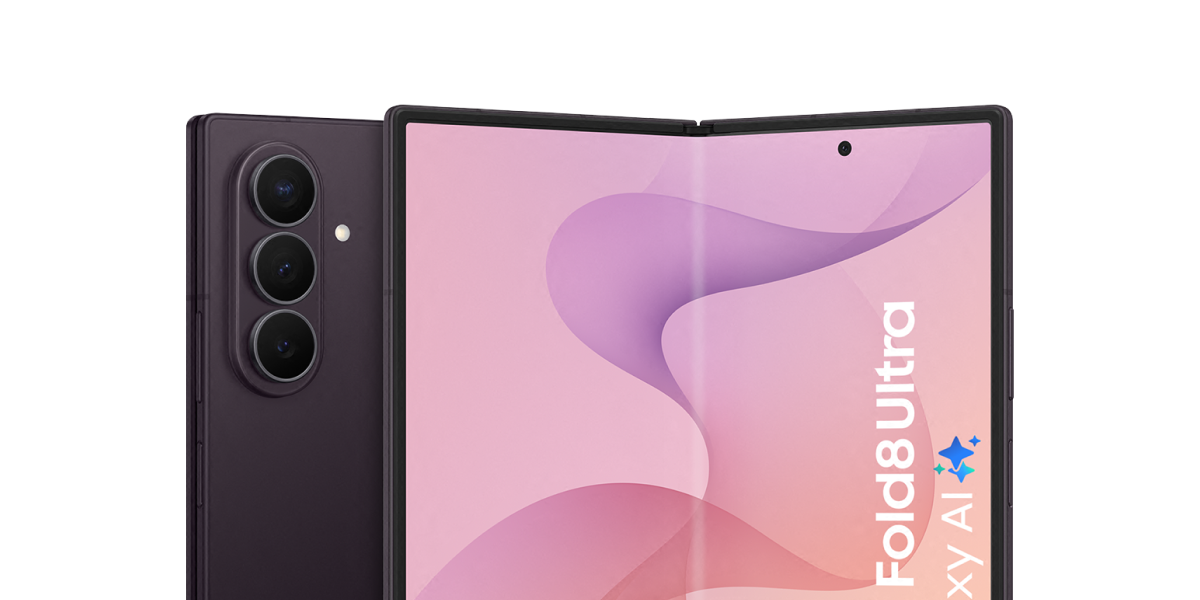 Achterkant en voorkant van de donkerpaarse Samsung Galaxy Z Fold8 Ultra
