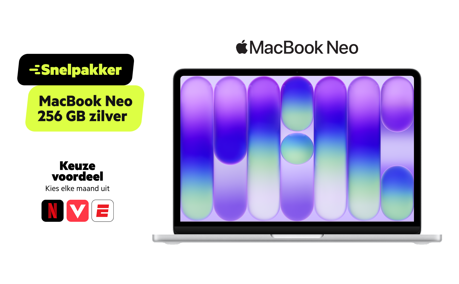 Snelpakker Apple MacBook Neo Zilver. Keuzevoordeel: kies elke maand uit Netflix, Videoland of ESPN Compleet (bij TV) cadeau.