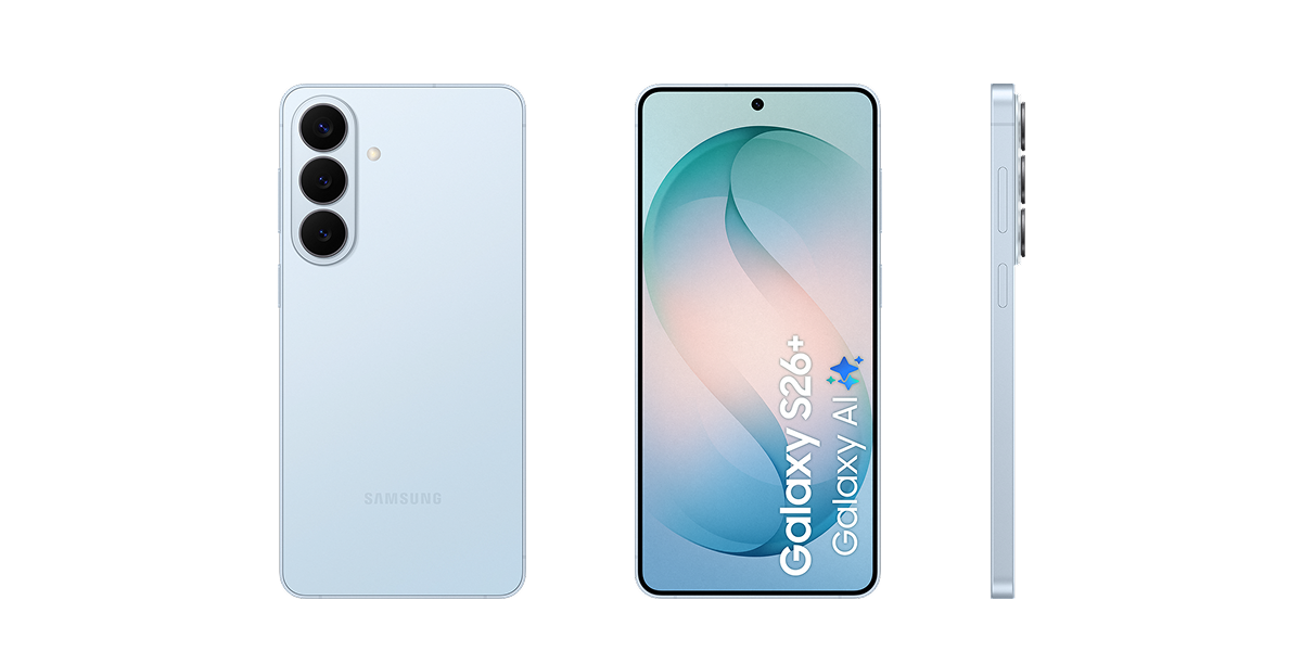 Achterkant, voorkant en zijkant van de lichtblauwe Samsung Galaxy S26 Plus met Galaxy AI