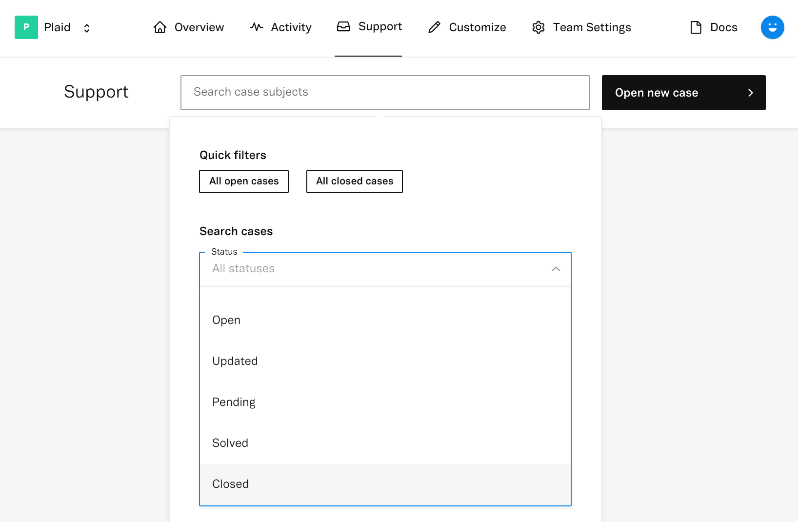 Plaid - Dashboard - Support Cases