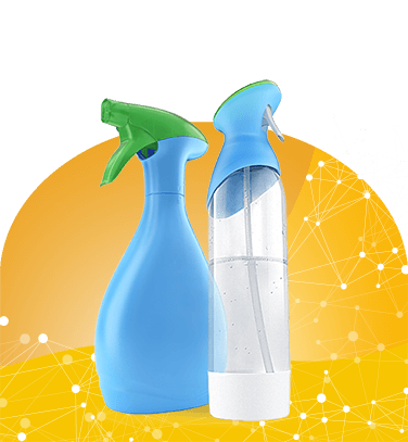 Blue and green spray bottles against an abstract yellow background suitable for cleaning and household tasks