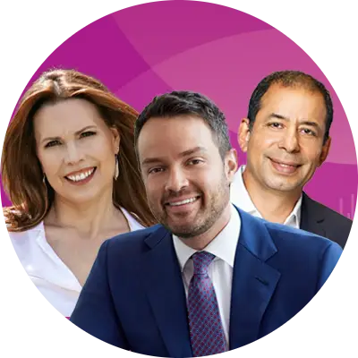 Annie Duke, Author, Dorion Positano, P&G Brand Strategy and Commercial Operations Leader and Victor Aguilar, P&G Chief R&D and Innovation Officer smiling towards the camera with pink graphic background behind them.