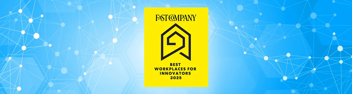 Blue background and a yellow logo with the Fast Company logo and names the 2025 Best Workplaces for Innovators.
