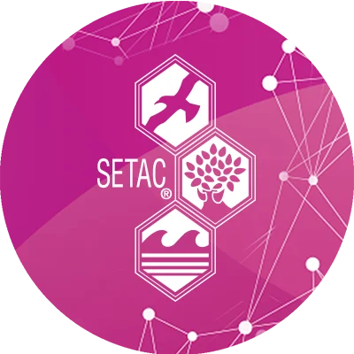 SETAC logo featuring interconnected nature, water, and wildlife symbols on a vibrant pink background, representing environmental science and sustainability efforts