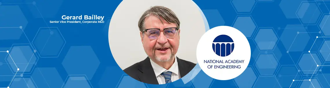 Portrait of Gerard Bailley, Senior Vice President of R&D with a National Academy of Engineering logo on a blue backgroud.