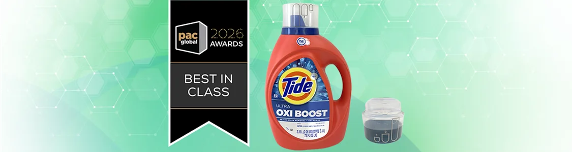 Tide Ultra Oxi Boost laundry detergent packaging featuring the PAC Global 2026 Best in Class award badge
