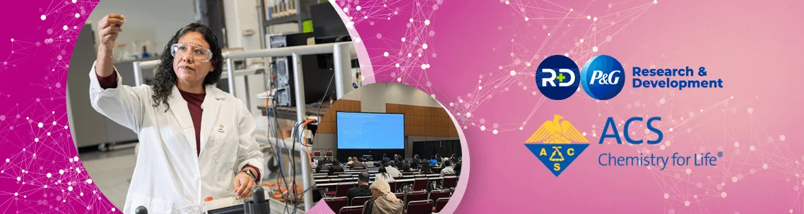 Chemistry for life banner containing a female lab worker and a presentation in the circled image